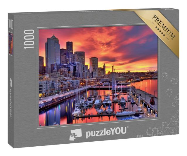 Puzzle 1000 Teile „Seattle: Glühender Sonnenaufgang über dem Hafengebiet von Pier-66“