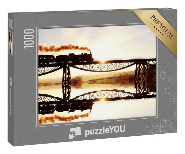 Puzzle 1000 Teile „Historische Dampflokomotive auf ihrer Fahrt über den Fluss“