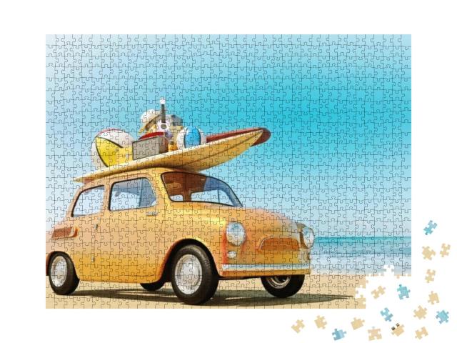 Puzzle 1000 Teile „Sommerurlaub: kleines Retro-Auto mit Gepäck auf dem Dach, Urlaubsreise“