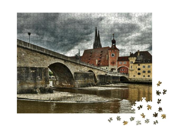 Puzzle 1000 Teile „Regensburg, Altstadtansicht mit Steinbrücke und Dom St. Peter, Bayern, Deutschland“