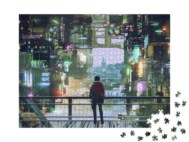 Puzzle 1000 Teile „Digitale Kunst: Blick durch die futuristische Stadt“