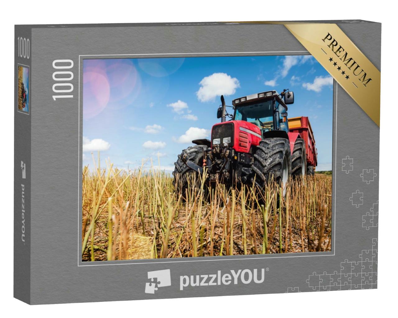 Puzzle 1000 Teile „Prächtige Ansicht eines Traktors mit Anhänger in einem abgeernteten Rapsfeld“