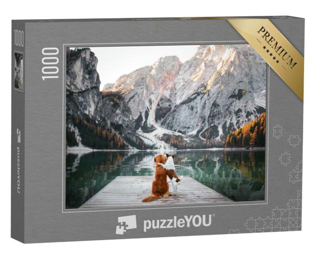 Puzzle 1000 Teile „Zwei Hunde stehen auf einem Holzsteg, Bergsee, Prag“