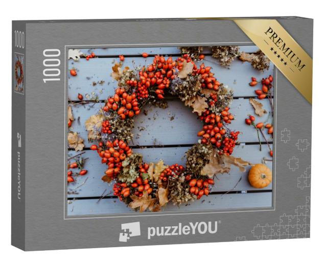 Puzzle 1000 Teile „Türkranz für den Herbst, bunte Blumen und Hagebutten“