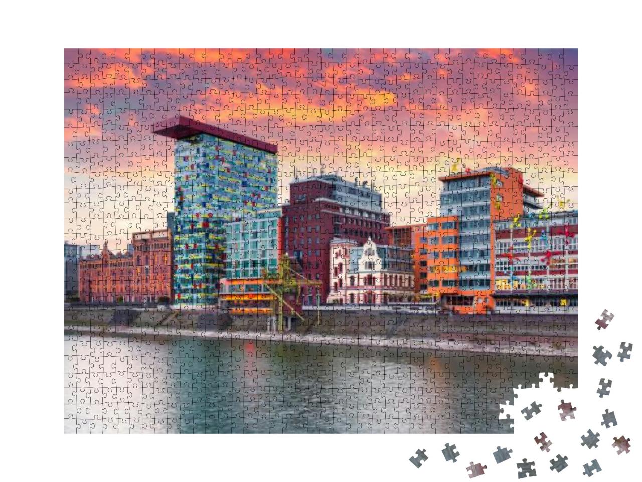 Puzzle 1000 Teile „Sonnenuntergang am Rhein in Düsseldorf“