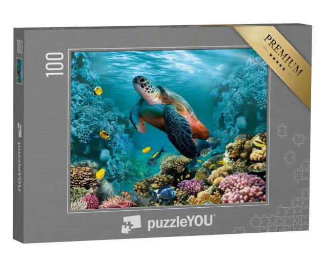 Puzzle 100 Teile „Unterwasserwelt mit einer eindrucksvollen Schildkröte und Korallen“