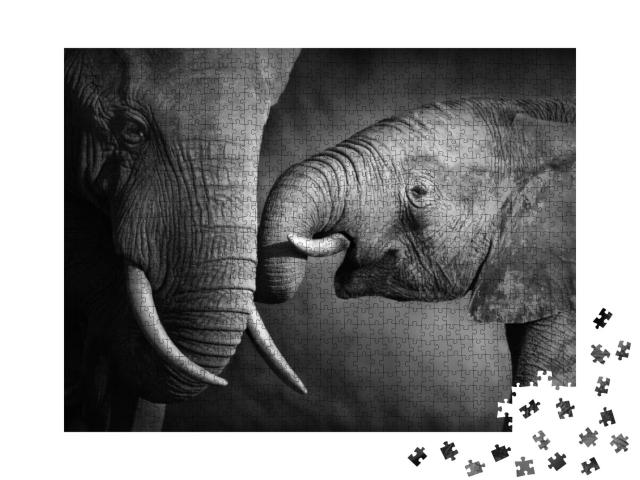 Puzzle 1000 Teile „Elefantenkalb mit seiner Mutter, schwarz-weiß“