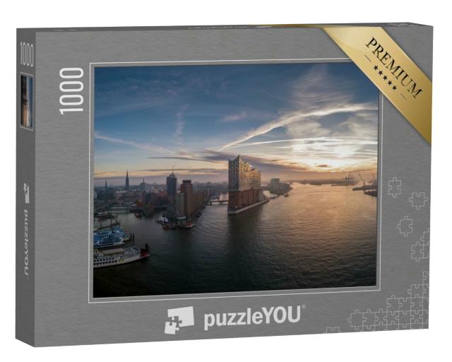 Puzzle 1000 Teile „Panorama Luftaufnahme vom Hamburger Hafen mit schönem Sonnenaufgang“