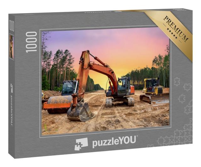 Puzzle 1000 Teile „Bulldozer, Bagger und Bodenverdichter bei Straßenbauarbeiten“