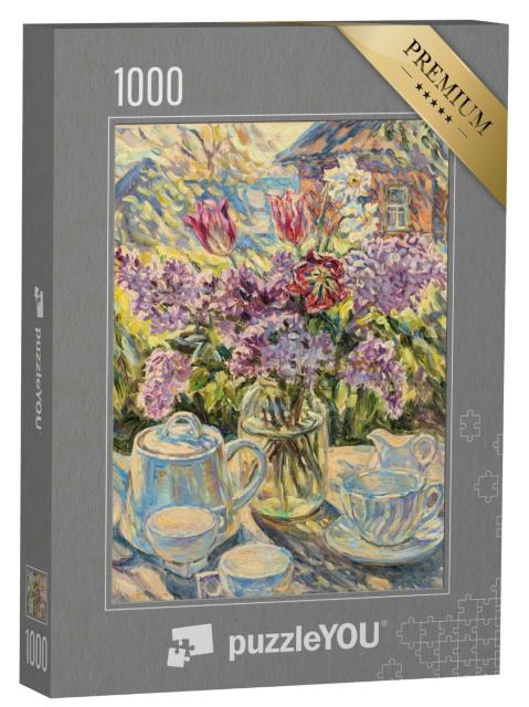 Puzzle 1000 Teile „Stillleben gedeckter Kaffeetisch mit Blumen, Ölgemälde“