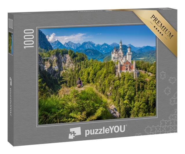 Puzzle 1000 Teile „Wanderer am Schloss Neuschwanstein, Füssen, Deutschland“