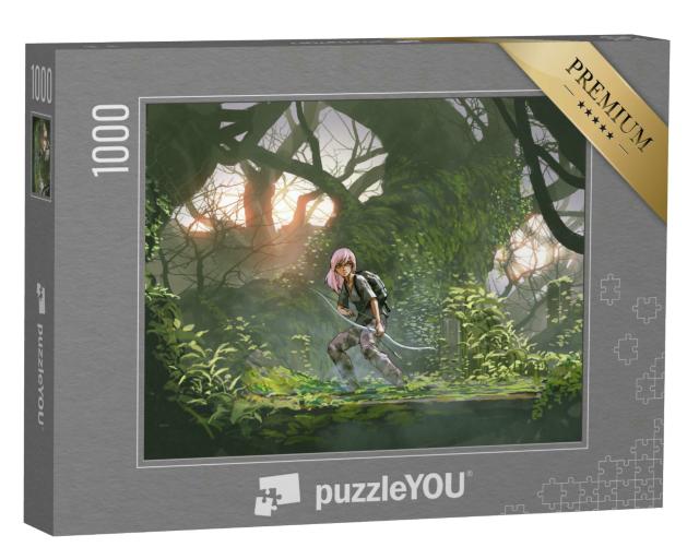 Puzzle 1000 Teile „Digitale Kunst: Mädchen mit Bogen im Wald auf Abenteuerjagd“