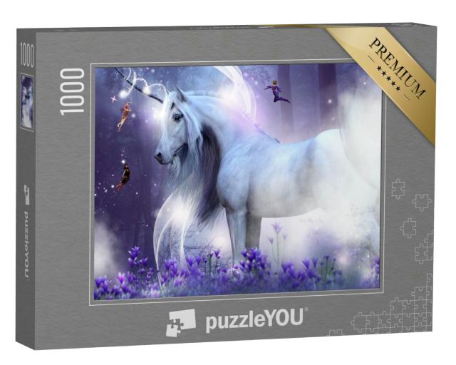 Puzzle 1000 Teile „Majestätisches Einhorn mit drei zauberhaften Feen“