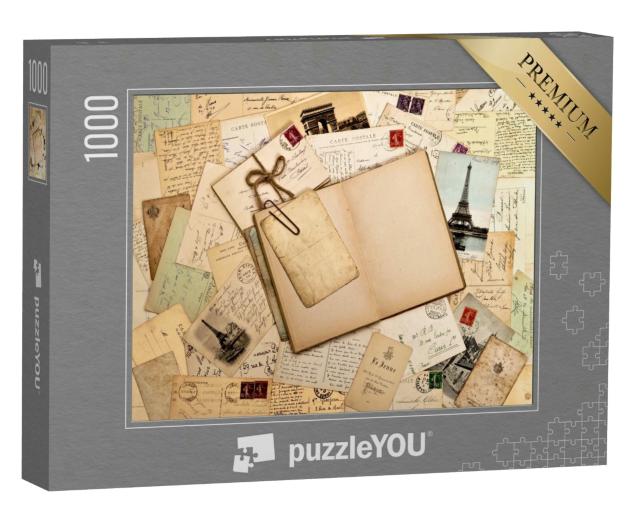 Puzzle 1000 Teile „Alte Briefe, französische Postkarten und leeres offenes Buch“