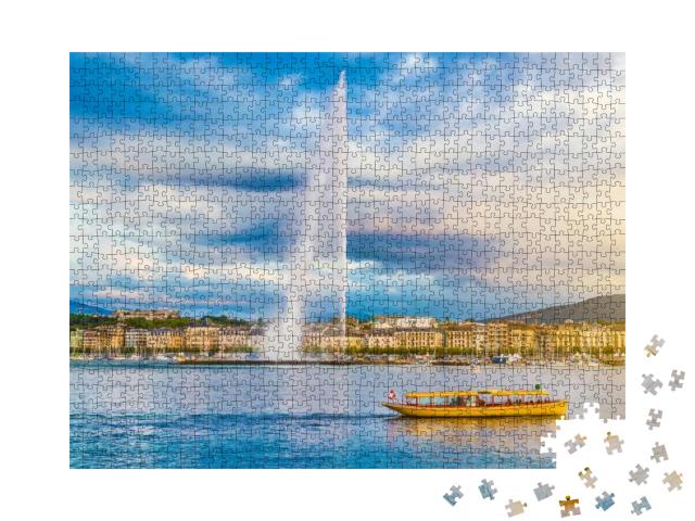 Puzzle 1000 Teile „Genfer Skyline mit dem berühmten Jet d'Eau-Brunnen, Schweiz“