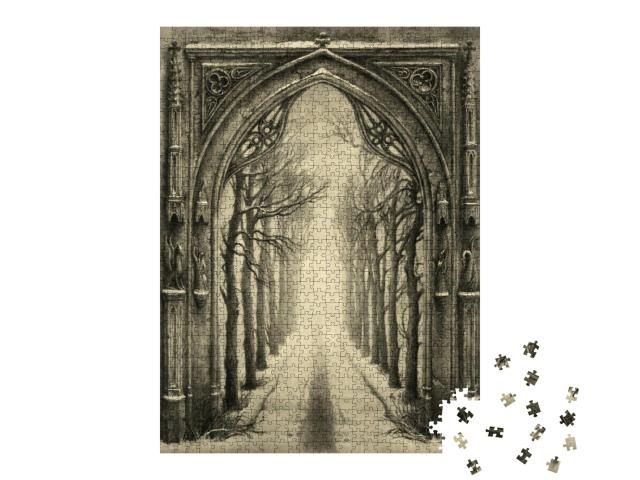 Puzzle 1000 Teile „Gotischer Bogen, dahinter eine Baumallee. Acryl auf Papier.“