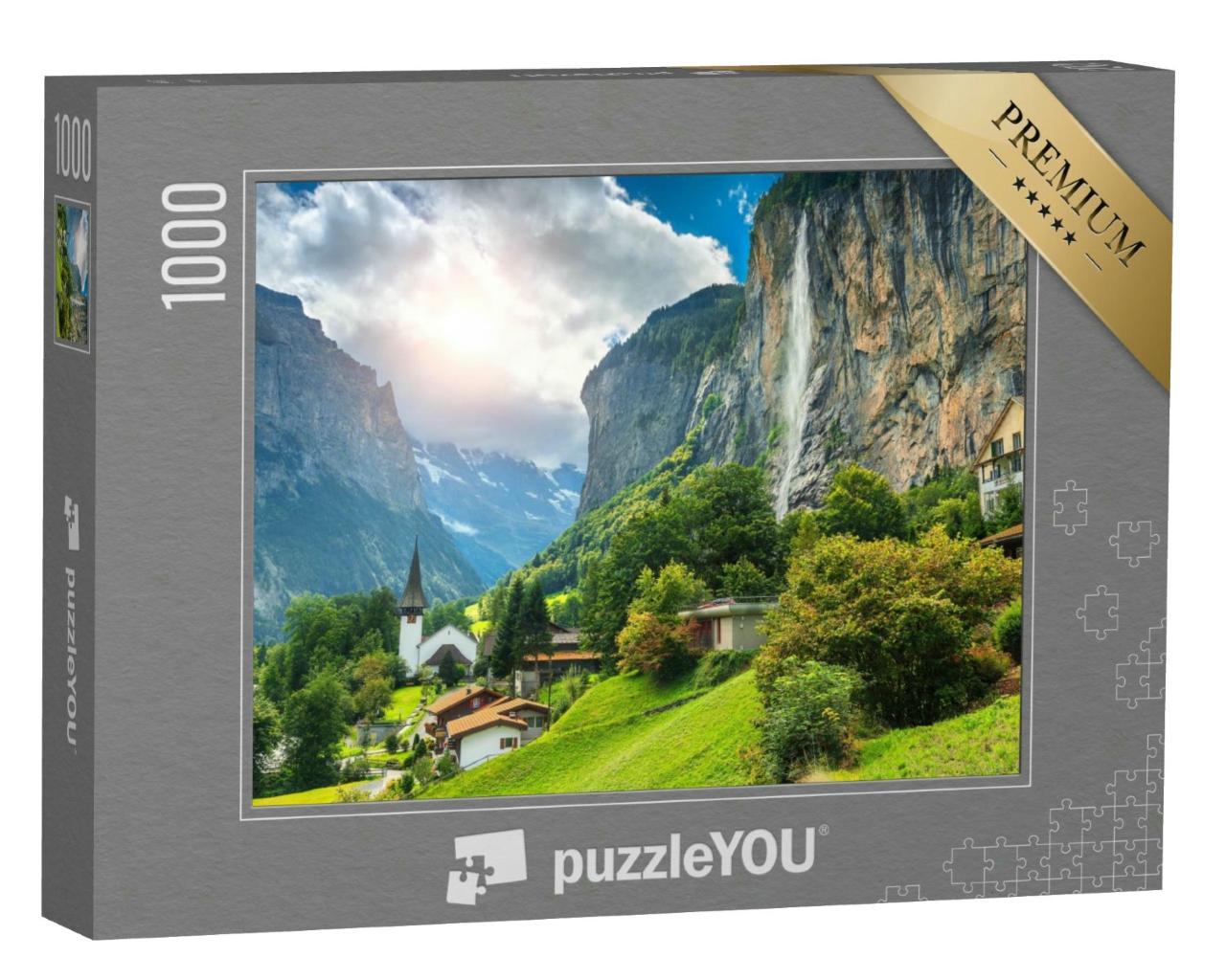 Puzzle 1000 Teile „Maerlisches Alpendorf mit dem Staubbach-Wasserfall, Lauterbrunnen, Schweiz“