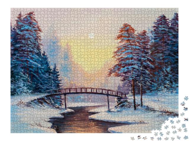 Puzzle 2000 Teile „Winterlandschaft mit Fluss, Original-Ölgemälde“