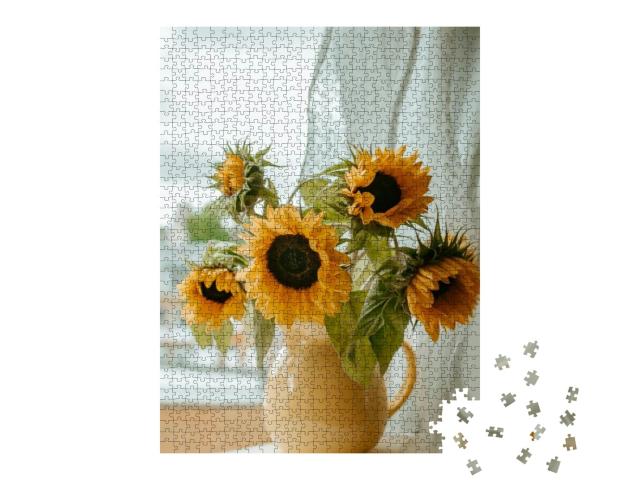Puzzle 1000 Teile „Sonnenblumen in der Vase auf der Fensterbank“