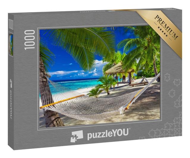Puzzle 1000 Teile „Hängematte zwischen Palmen an einem lebhaften tropischen Strand, Cookinseln“