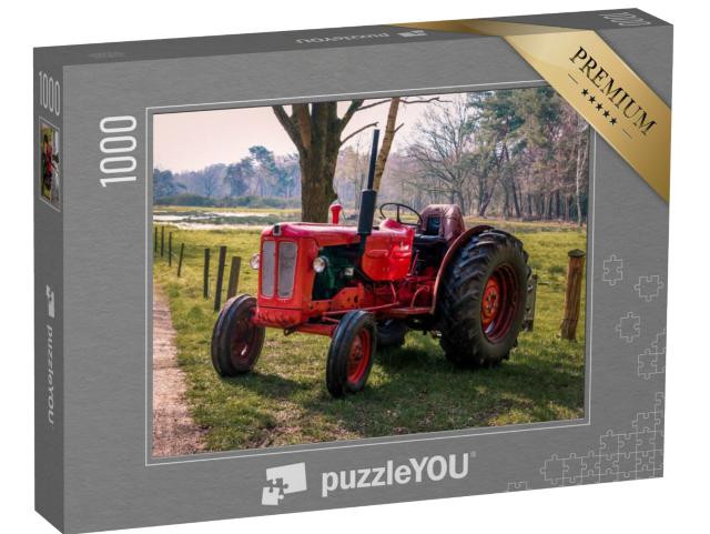 Puzzle 1000 Teile „Roter Oldtimer-Traktor in Drenthe bei Havelte“