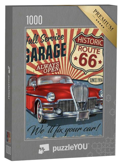 Puzzle 1000 Teile „Vintage-Stil: Route 66, Retro-Poster mit rotem Oldtimer“