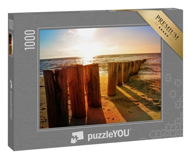 Puzzle 1000 Teile „Hölzerne Buhnen am Nordseestrand bei Sonnenuntergang“