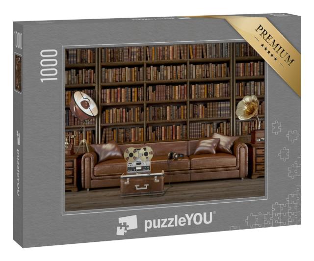 Puzzle 1000 Teile „Stilvolles Vintage-Wohnzimmer mit Bibliothek“