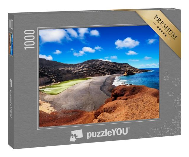Puzzle 1000 Teile „Vulkankrater mit seinem grünen See bei El Golfo, Insel Lanzarote, Spanien“