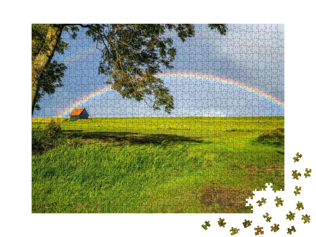 Puzzle 1000 Teile „Regenbogen über einer hügeligen Weide“