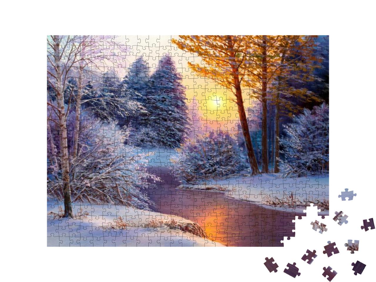 Puzzle 500 Teile „Winterlandschaft mit Fluss, Ölgemälde“
