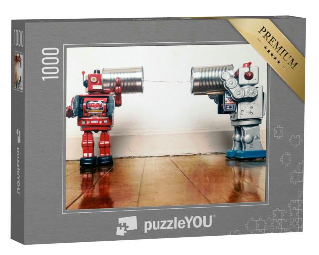Puzzle 1000 Teile „Retro-Roboter im Gespräch am Dosentelefon“