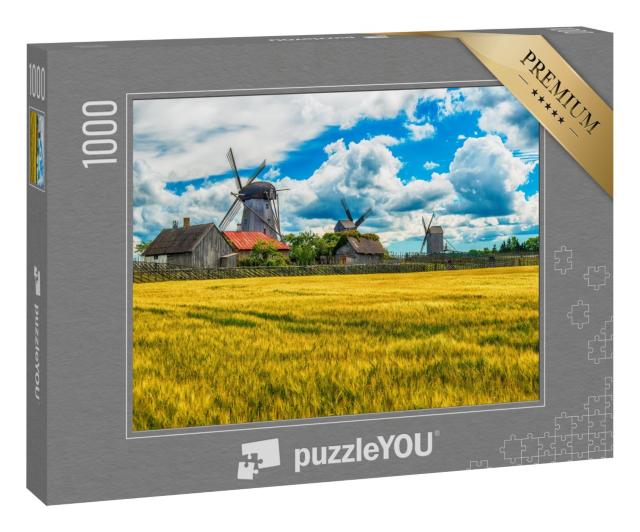 Puzzle 1000 Teile „Sommerfelder und Angla-Windmühlen auf der Insel Saarema, Estland“