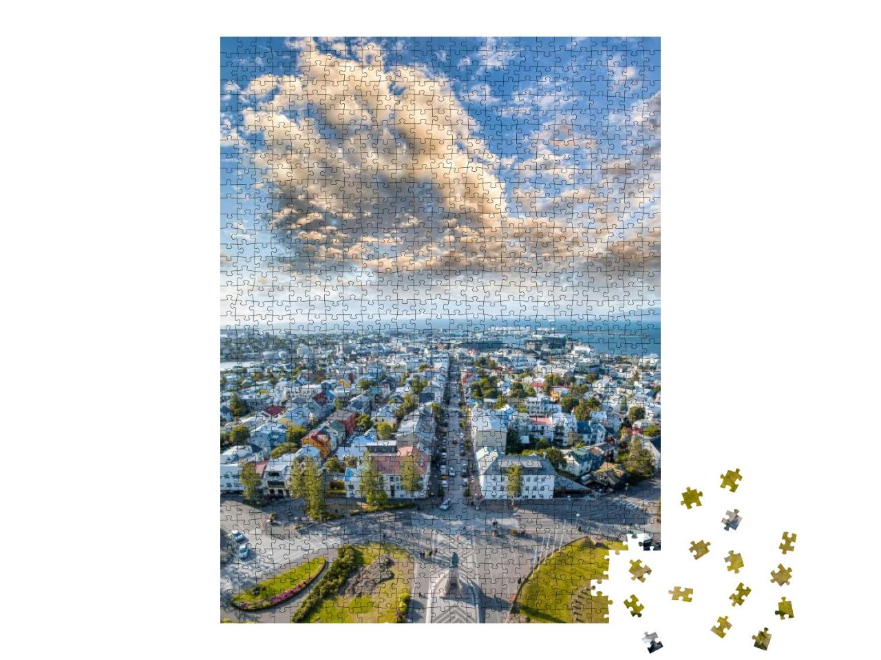 Puzzle 1000 Teile „Blick von der Hallgrimskirkja: Luftaufnahme von Reykjavik, Island“