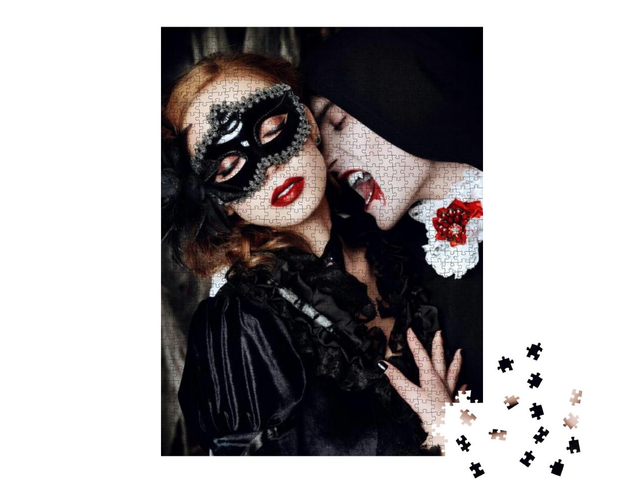 Puzzle 1000 Teile „Blutrünstiger Vampir in mittelalterlicher Kleidung beißt schöne Dame“