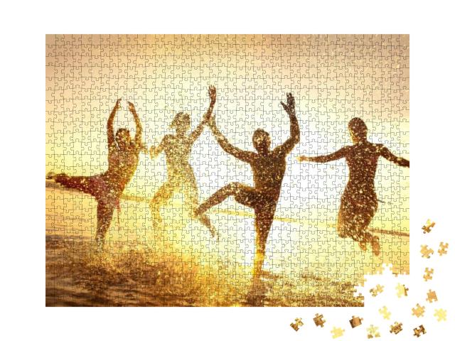 Puzzle 1000 Teile „Das Gefühl von Sommer und Sonne: Tanzen in den Wellen am Strand“