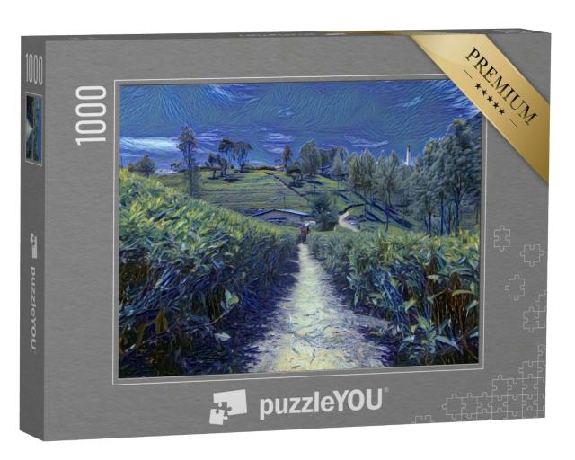 Puzzle 1000 Teile „im Kunst-Stil von van Gogh, Sternennacht - Teeplantagen und Fabrik in Sri Lanka“