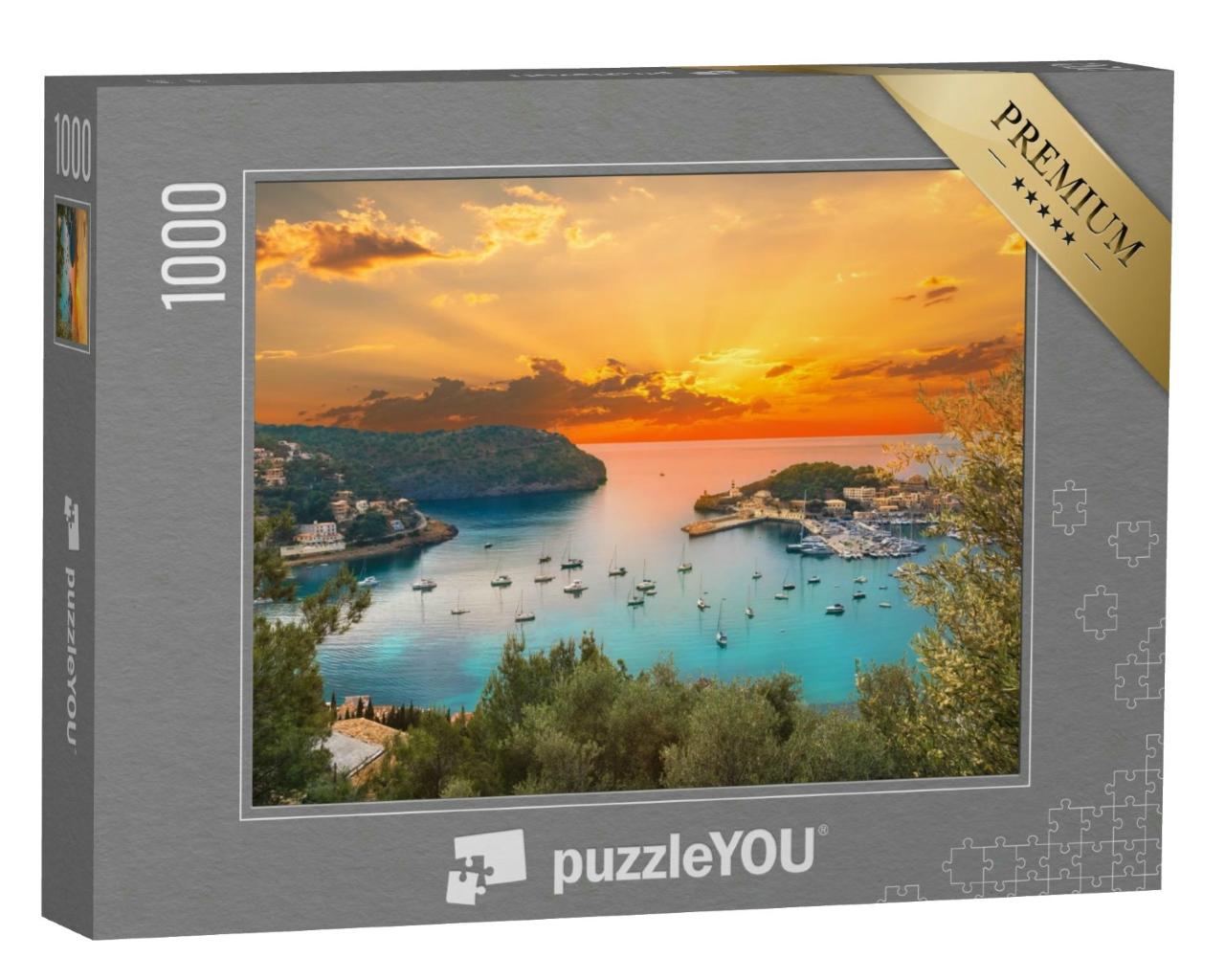 Puzzle 1000 Teile „Blick auf den berühmten Hafen von Soller, Sonnenuntergang auf Mallorca“