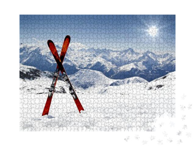 Puzzle 1000 Teile „Ein Paar Cross-Ski, dahinter Schnee“