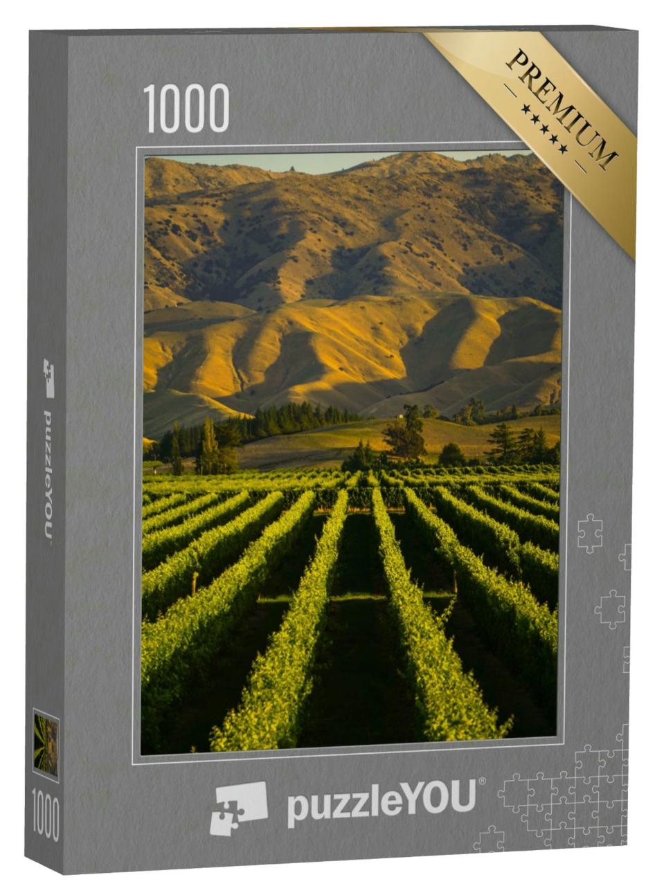 Puzzle 1000 Teile „Reihe von schönen Weinbergen vor Sonnenuntergang mit Berg in Blenheim, Neuseeland“