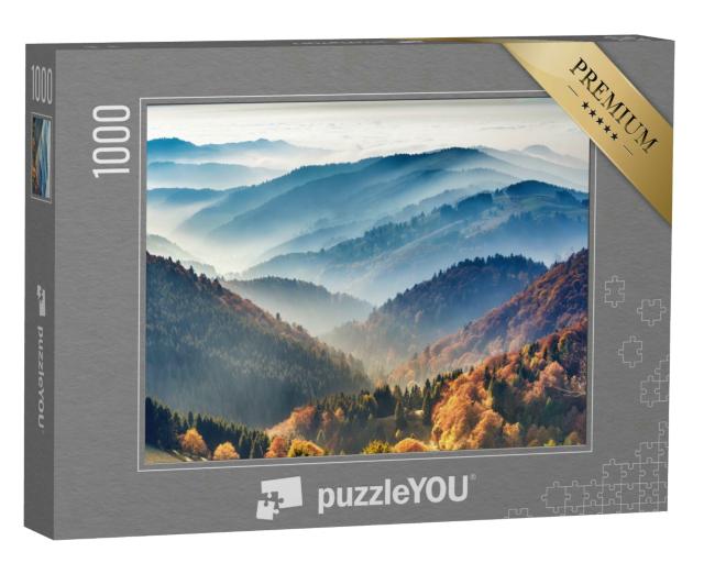 Puzzle 1000 Teile „Malerischer Schwarzwald: Berge im Nebel, Baden-Württemberg, Deutschland“