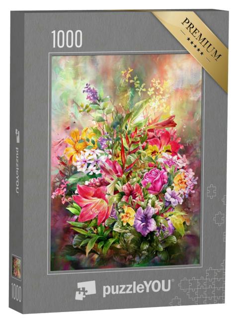 Puzzle 1000 Teile „Digitales Aquarell: Bouquet von bunten Blumen“