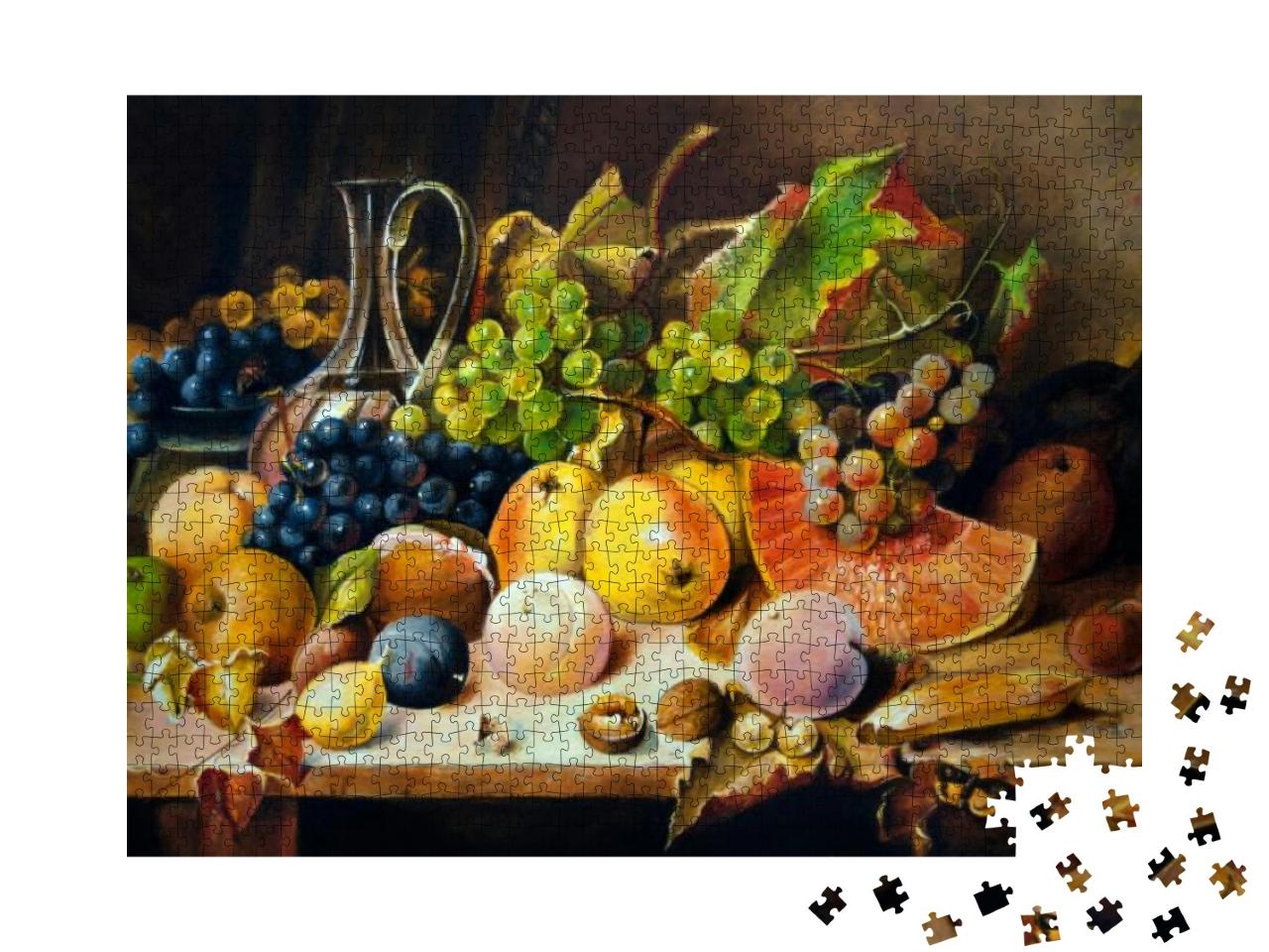 Puzzle 1000 Teile „Stillleben mit Pfirsichen, Äpfeln und Weintrauben, Ölgemälde“