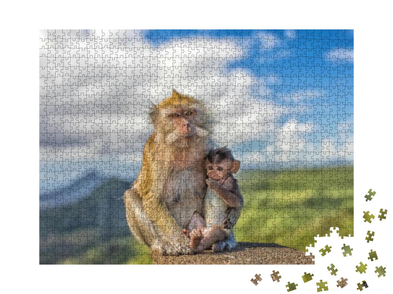 Puzzle 1000 Teile „Niedliches Makakenäffchen mit Affenmutter, Mauritius“