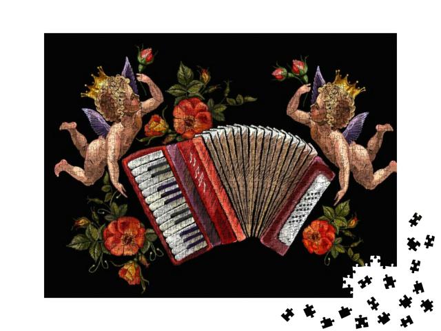 Puzzle 1000 Teile „Ein Engel, Akkordeon und Rosen, Musik“