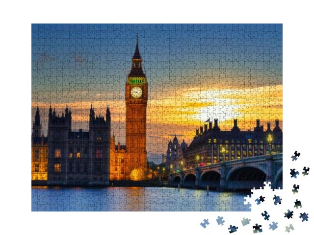 Puzzle 1000 Teile „Big Ben und Westminster Bridge im Sonnenuntergang, London“