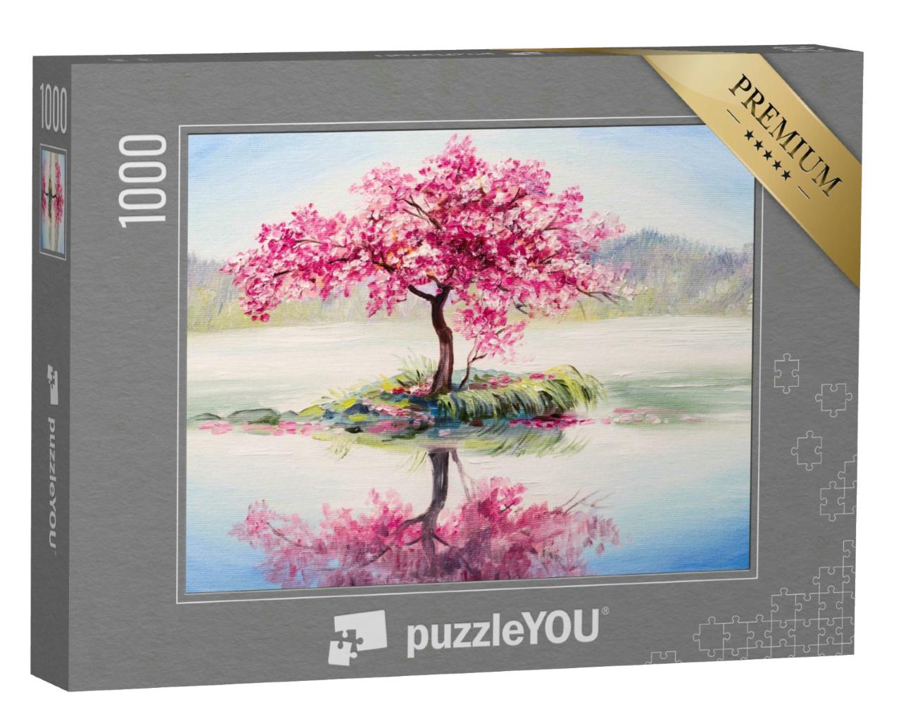 Puzzle 1000 Teile „Ölgemälde: Sakura auf dem See - japanische Kirschblüte“