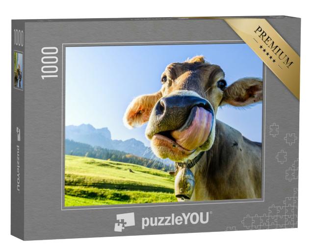 Puzzle 1000 Teile „Lustige Kuh am Kaisergebirge“