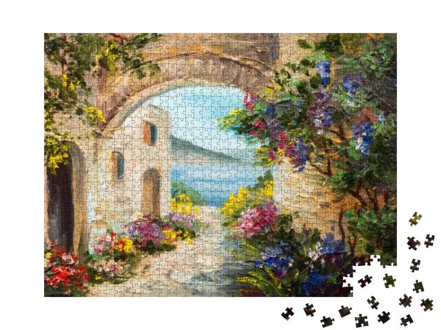 Puzzle 1000 Teile „Ölgemälde: Wunderschönes Haus am Meer“