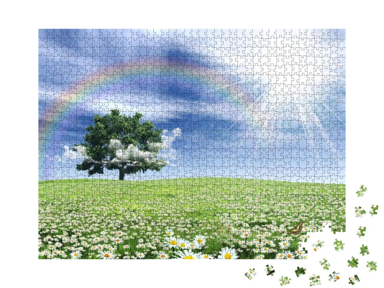 Puzzle 1000 Teile „Regenbogen über einer mit Blumen bewachsenen Frühlingswiese“